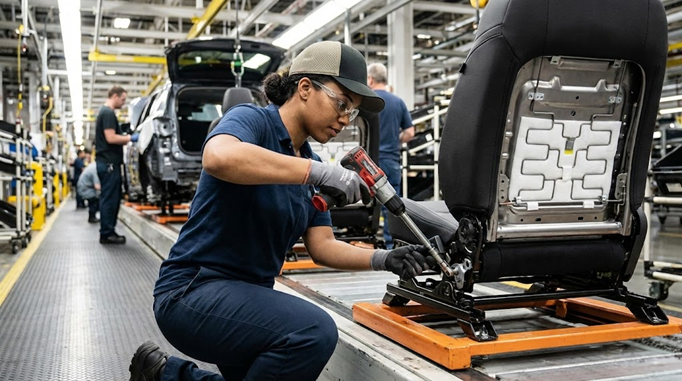 Manufacturing worker on a production floor representing safer workforce implementation.