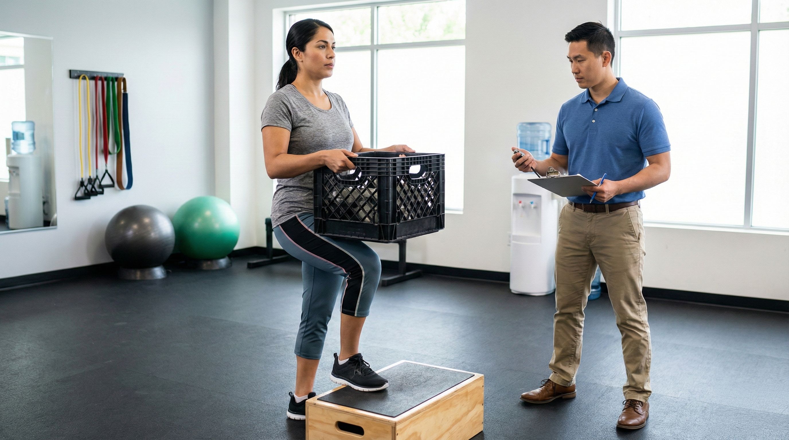 Clinician guiding standardized functional testing in a professional clinical environment.