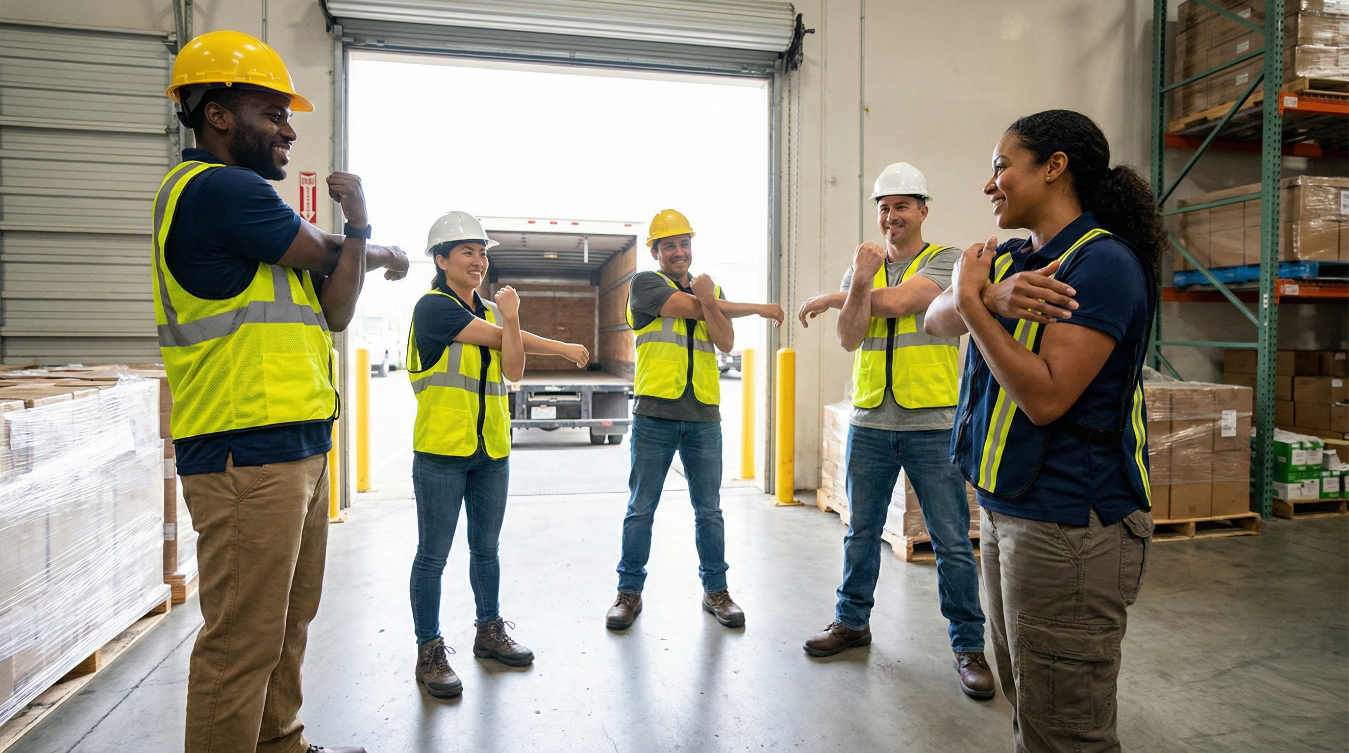 Safety leader and frontline worker conducting an ergonomic risk walkthrough at a worksite.