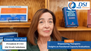 Ginnie Halling, the CEO of DSI Work Solutions sits in front of her books to talk about Functional Capacity Evaluations