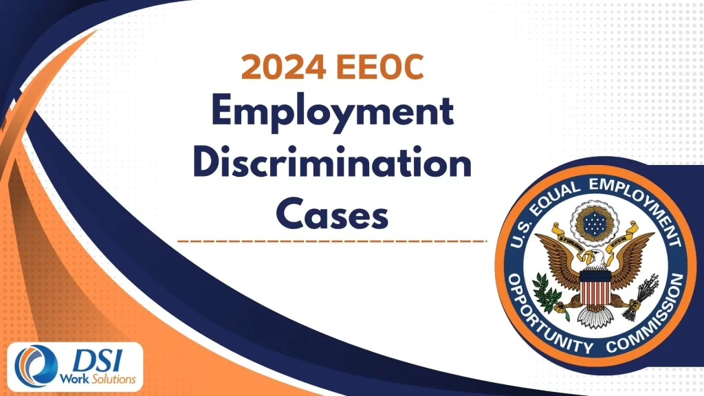 The featured image for a post titled "2024 EEOC Employment Discrimination Cases" with orange and blue stripes and the EEOC's Eagle Seal.